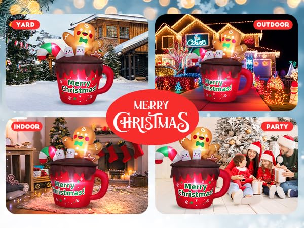 6FT Christmas Inflatable Hot Cocoa Mug with LED Lights for Outdoor Yard Decor