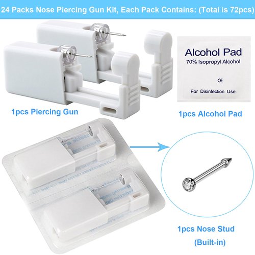 Juder Nose Piercing Gun Kit - 72Pcs Disposable Kit Including Self Noe Piercing Gun, Built-in Nose Studs & Clean Tools for Cartilage, Tragus & Helix Piercing