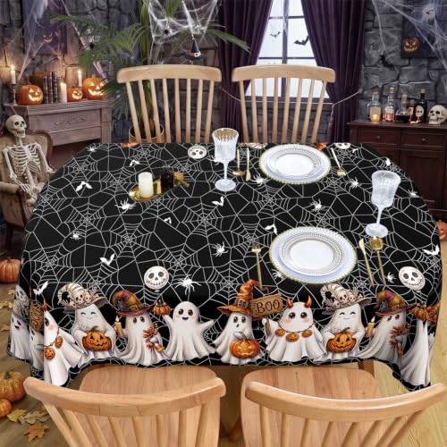 Halloween Ghost Black Oval Tablecloth 60x102 Inch Washable Fabric Party Cover - Spider Web & Ghost Design