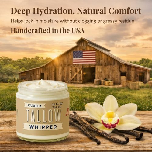 Lady May Tallow Whipped Tallow 24oz - All Natural Face Cream + Whole Body Moisturizer for Dry Skin - Made With Scented Oil Blend - No Preservatives, Parabens or Seed Oils - USA Made (Vanilla)