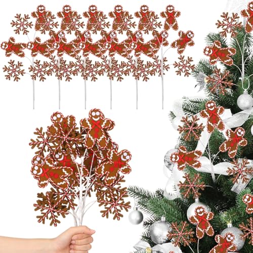 Gingerbread Man Christmas Tree Picks Set - Holiday Snowflake Felt Ornaments, 17 Inch Xmas Decor