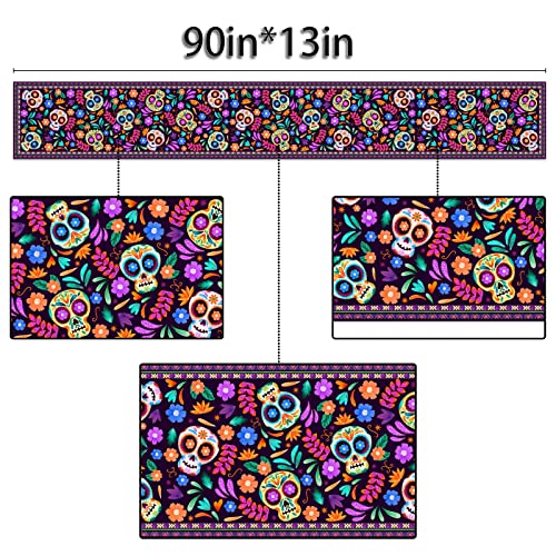 Dia De Los Muertos Table Runner 13x90 Inches - Rustic Linen Mexican Sugar Skull Decor for Kitchen & Dining