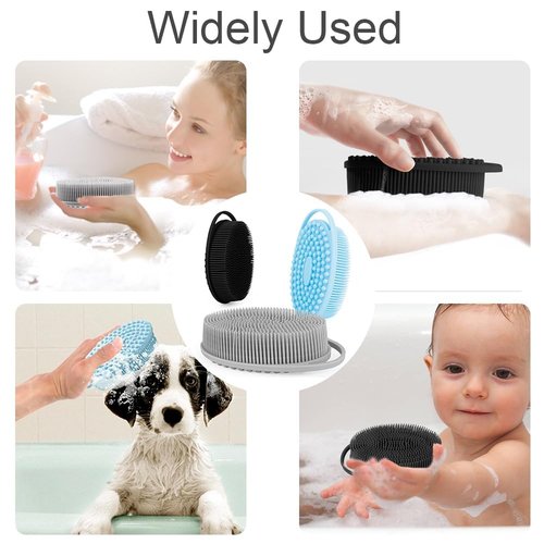 Soft Silicone Body Scrubber 3 PCS Silicone Body Shower, Silicone Loofah 2 in 4 Bath and Shampoo Brush, Body Scrubber Shower Cleaning Exfoliating Use,Lather Well, Black,Blue,Grey