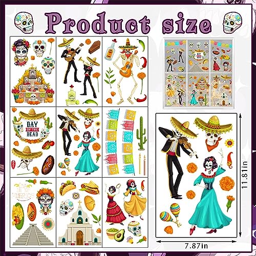 Dia de Los Muertos Window Clings - 9PCS Removable Mexican Skeleton Decor Style1