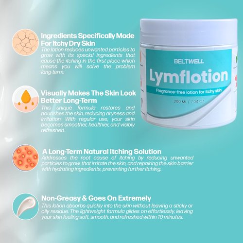 Beltwell® Lymflotion Non-Greasy Moisturizer for Dry & Sensitive Skin Relief – Fragrance Free Anti-Itch Lotion for Itchy Skin, Lymphedema, Diabetes, Eczema, Cracked Feet & Arms – 200ml