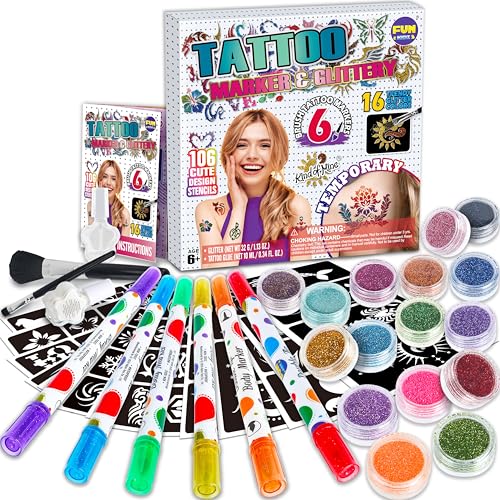 Kids Temporary Tattoo Kit with Glitter & Stencils - Fun Body Art Set for Ages 8-12