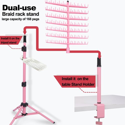 poipoilu Height Adjustable Braiding Hair Rack 168 pegs, Dual-use Braid rack with Clamp (Pink)