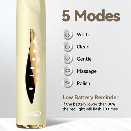 SEAGO Electric Toothbrush - Rechargeable Sonic Toothbrush with 8 Brush Heads & Pressure Sensor | Beige