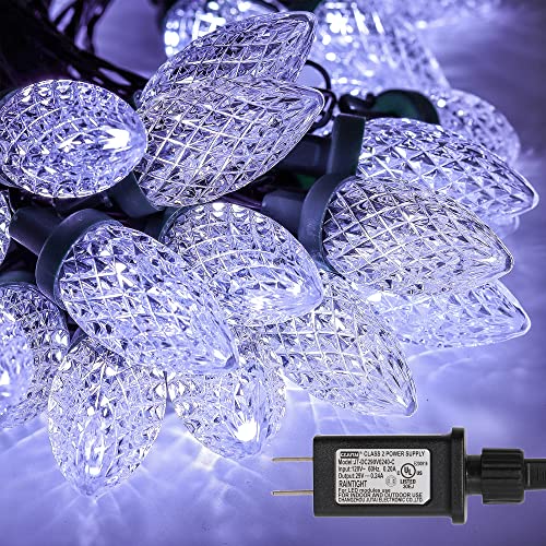 Outdoor White C9 String Lights - 50 LED Fairy Lights for Christmas & Holiday Decor, 33FT Extendable Safe Power Adapter