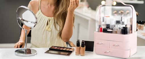 Nervure Pink Makeup Organizer - Cosmetic Storage Box with Lid - Makeup Organizer Storage Drawersr with Dust Free Cover and Portable Handle for Bathroom Countertop & Dresser & Gift