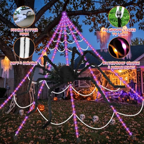 Halloween Spider Web Lights with Spider - Purple LED Light-Up Decor