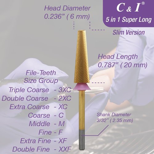 C&I 5 in 1 Nail Drill Bit Super Long Slim Efile Professional Nail Bits Nail Tech Must Have for Extension Nails Acrylic Powder Hard Gel Nail Tip Cuticle Remover Nail Supplies (Double Fine -XXF)