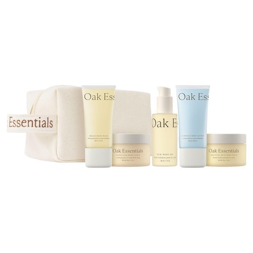 Oak Essentials Travel Body Routine - TSA-Friendly Mini Body Care Set with Wash, Scrub, Lotion & Balm