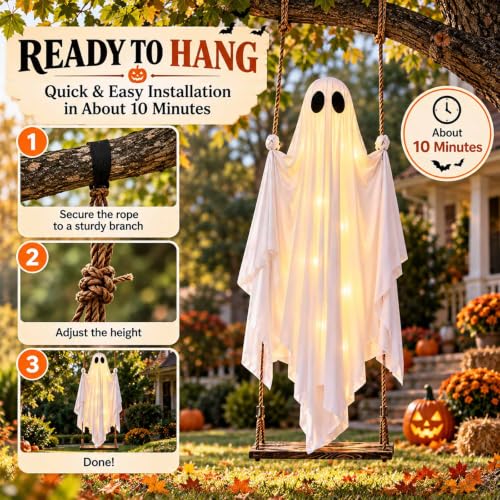 Large Outdoor Swinging Ghost Halloween Decoration - 4.5FT Hanging Ghost with Adjustable Ropes