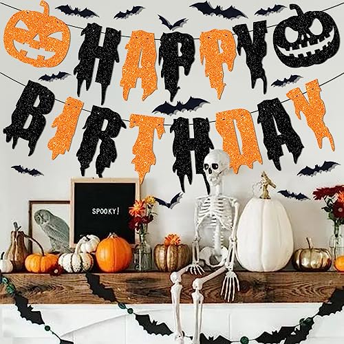 Halloween Birthday Party Decorations - Glitter Happy Birthday Banner with Pumpkins & Bat Wall Decor - Variation: Happy Birthday