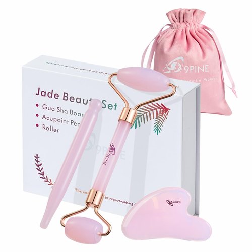 9 9PINE Valentines Day Gifts for Women,Wife,Girls,3-in-1 Gua Sha & Jade Roller Facial Tools Set -Jade Roller & Gua Sha Kit& Facial Massage PenFacial Massage Device for Skincare, Best Gift (Pink)