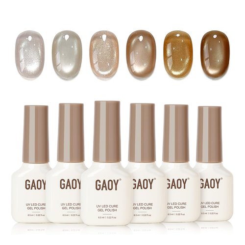 GAOY Brown Glitter Cat Eye Gel Polish Kit with Magnet, 6 Colors Silver Holographic Nail Polish Set, UV Cure Gel for DIY Manicure at Home