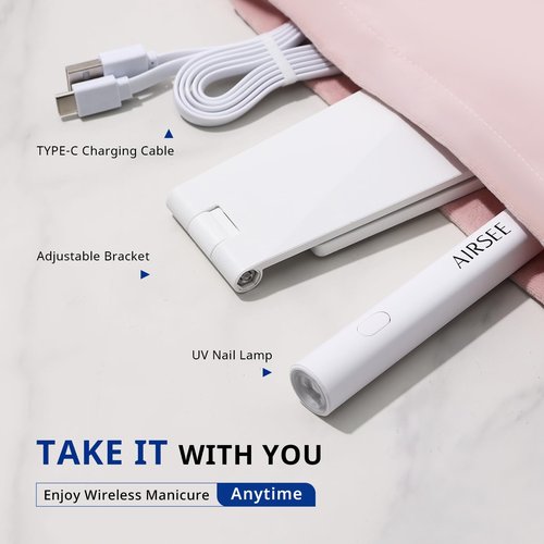 AIRSEE Mini Handheld UV Light for Gel Nails with Stand,Portable Rechargeable Nail Lamps,2 Timers for Fast Extension,Rhinestone Glue Decoration,Gel Nail Strips at Home,Travel(White)