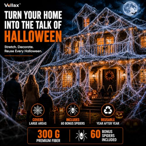 Vellax Halloween Spider Web Decorations 300g with 60 Spiders - Indoor & Outdoor Spooky Decor