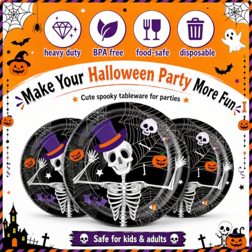 Halloween Skeleton Party Supplies Set - Plates Cups Napkins Cutlery Balloons Banner