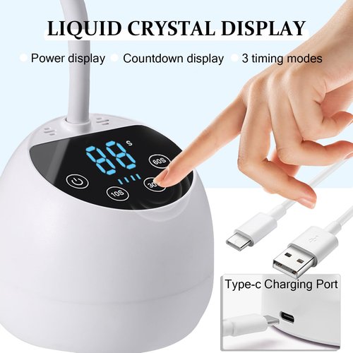 PHAIN Mini U V LED Nail Lamp with 3 Timers and LCD Display,36W Cordless Flash Cure Gel x Nail Lamp, Auto Sensor Gooseneck Portable USB Gel Nail Dryer U V Light for Home DIY, Pearl White, ML-10003