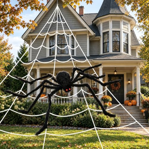 Halloween Giant Spider with Web - 59-Inch Furry Spooky Decor Set