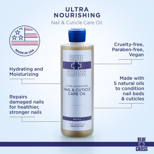 Blue Cross Nail & Cuticle Care Oil, Mineral Oil Free, Hydrating, Moisturizing, All Natural Professional Nail + Cuticle Care, Lemongrass/Lavender Scented Essential Oils, Made in USA, 16fl oz/473mL