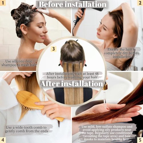 Tape in Hair Extensions Human Hair, 14 Inch 20pcs Human Hair Extensions Tape in for Women Chestnut Brown Highlighted Bleach Blonde Skin Seamless Invisible Tape Hair Extensions(P6/613#, 14 Inch)