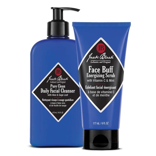 Jack Black Face Cleansing Essentials Set - Daily Facial Cleanser & Toner + Energizing Exfoliating Scrub