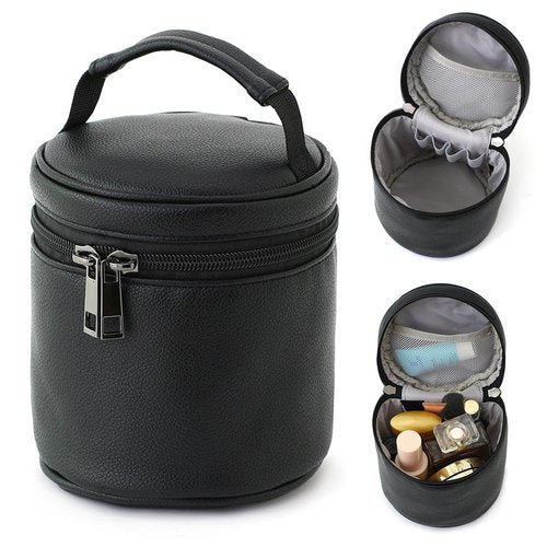 BBORGDC Cosmetic Organizer Small, Black PVC Vegan Leather Round Makeup Bag, Top Handle Toiletry Bag, Portable Purse Pouch Boho Gift for Women Girls Original