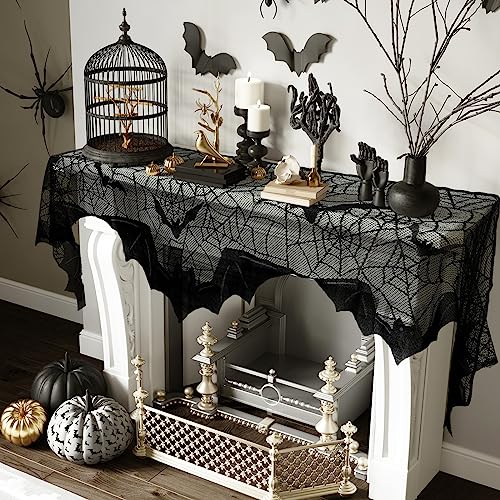 Halloween Fireplace Mantel Scarf Black Lace Spiderweb 20x79 Inches - Indoor Decor