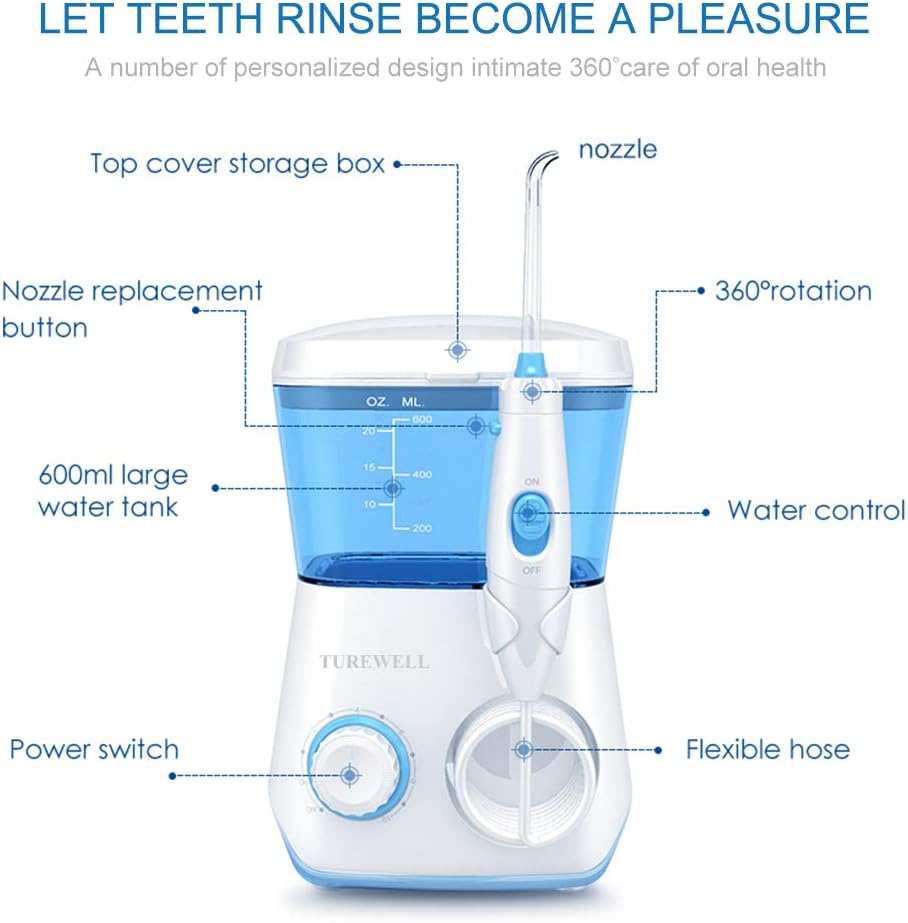 TUREWELL Water Flosser - 600ML Electric Oral Irrigator with 10 Pressure Settings & 8 Tips | Family Use (White)