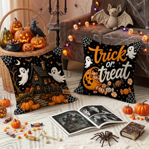 Halloween Throw Pillow Covers 18x18 Inch Set of 4 - Eerie Pumpkin Ghosts Bats