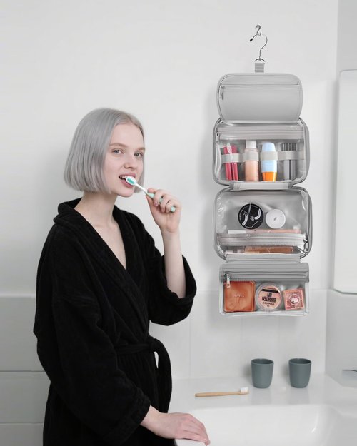 QULUXAO Toiletry Bag for Women & Men, Portable Hanging Makeup Bag/Cosmetic Bag with Compartments, Compact Travel Toiletry Bag Organizers (Grey)