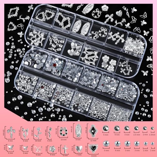 Teenitor Silver Nail Charms & Gems Kit - 4 Boxes Nail Art Accessories