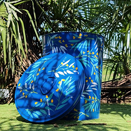 Hand Painted Metal Trash Can with Lid - Blue Flower Design, 10 Gallons