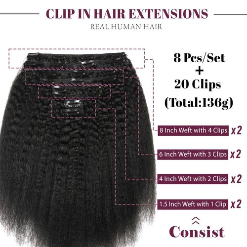 KRN Clip in Real Human Hair, 136g 8pcs Natural Black Hair Extensions Clip ins for Black Women Full And Thick Kinky Straight Clip in Human Hair Extensions 20 Clips Easy to Wear 14 Inch