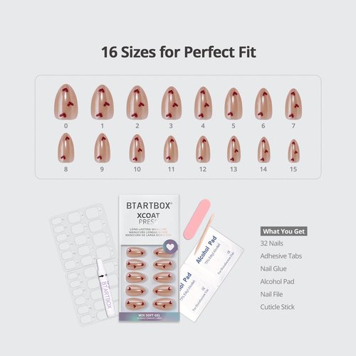 BTArtbox Press On Nails Short - Feel My Love, Lamp-Curable 3D Red Heart Valentines Almond Press On Nails with Glue and Adhesive Tabs for Women in 16 Sizes - 32 Nails All-in-One Kit