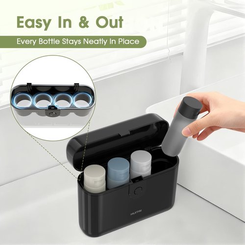 HUITAI Travel Bottles with Case, 4x2oz TSA Approved, Leak-Proof, Press to Unlock, Compact & Portable Travel Toiletries (Black)