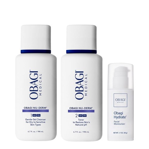 Obagi Medical Brightening Bundle - Full-Sized Nu-Derm Cleanser, Toner & Moisturizer | Brighten Dark Spots & Hydrate Skin