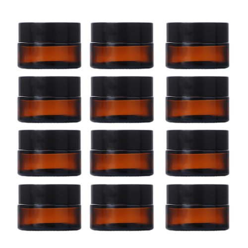 12Pcs Small Amber Glass Jars with Black Lids Empty Cosmetic Containers with Inner Liners Refillable Travel Containers Bottles for Lotion Face Cream Makeup Lip Balm 5g