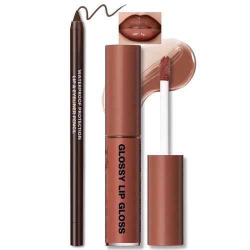 HOSAILY Nourishing Lip Gloss & Brown Lip Liner Combo - Moisturizing, High Shine Nude Glow Oil for Women