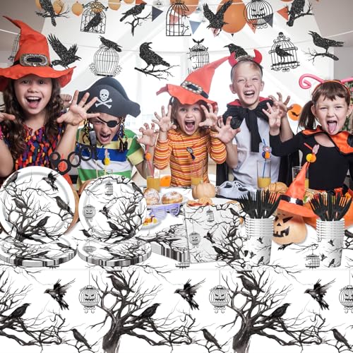 Halloween Party Decorations Set - 142PCS Gothic Crow & Tree Silhouette Tableware & Banner