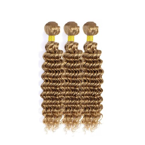Biliisyff Honey Blonde Bundles Color #27 Deep Wave Human Hair 8 10 12 Inch Color #27 Bundles Grade 8A Brazilian Virgin Hair Extensions Double Weft Soft Real Blonde Hair Weave