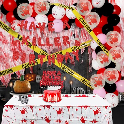 Halloween Crime Scene Birthday Decorations Kit - Banner, Balloons, Tape & Cake Topper