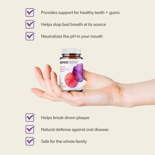 SUPER TEETH Oral Probiotic for Kids & Adults | 60 Strawberry Lactobacillus Reuteri Chewable Tablets | Freshens Bad Breath & Fights Cavities with BLIS M18 | Dental Probiotic to Support Oral Health