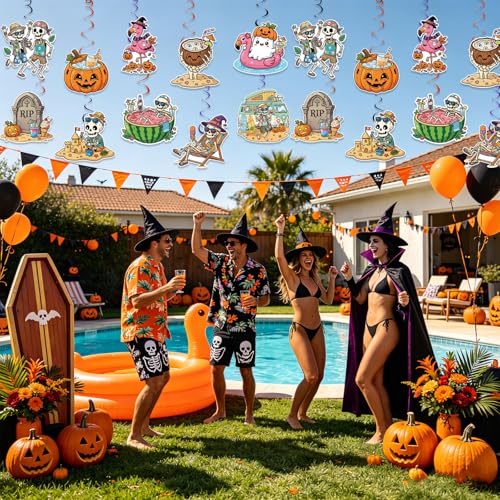 Summer Halloween Party Decorations Set - Tropical Beach & Pool Theme, Ceiling Swirls & Cardstock Decor