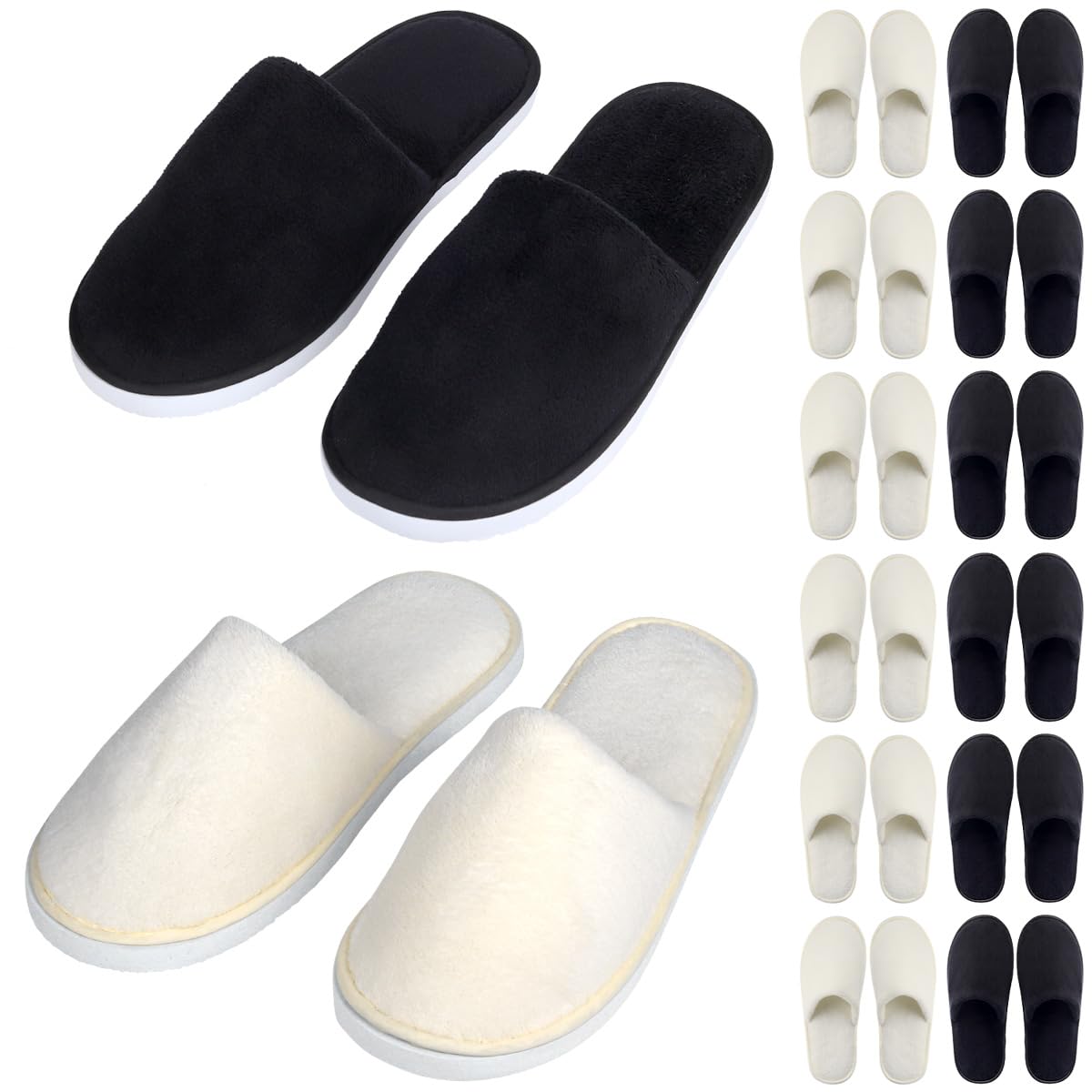 Yeios Disposable Slippers for Guest 12 Pairs Hotel Slippers Spa Slippers for Travel,0.78inch Extra Thick Sole 180GSM Coral Fleece Non-slip Reusable Washable,Two Size for Women and Men Beige and Black