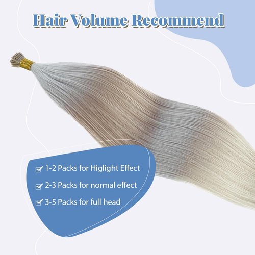Silver I Tip Hair Extensions - Human Hair Pre-Bonded Cold Fusion Stick Tip Real Remy Hair Piece for Women - Invisible Keratin Microlink Extensions 16 Inch 100 Strands 50G