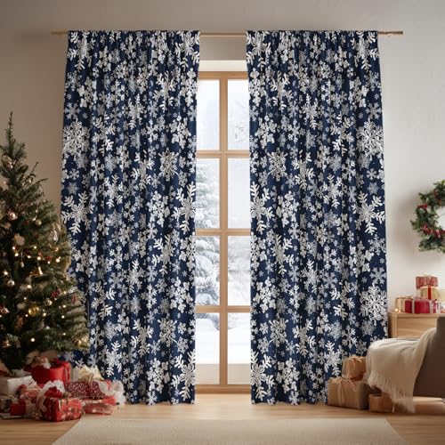 Christmas Sheer Window Valance 52x14 Inches Snow Blue Foil 2-Pack